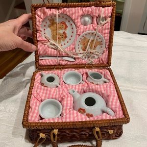 Vintage Porcelain Teddy Bear Picnic Tea set with wicker basket